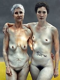 Thin elderly women bare and bare-breasted